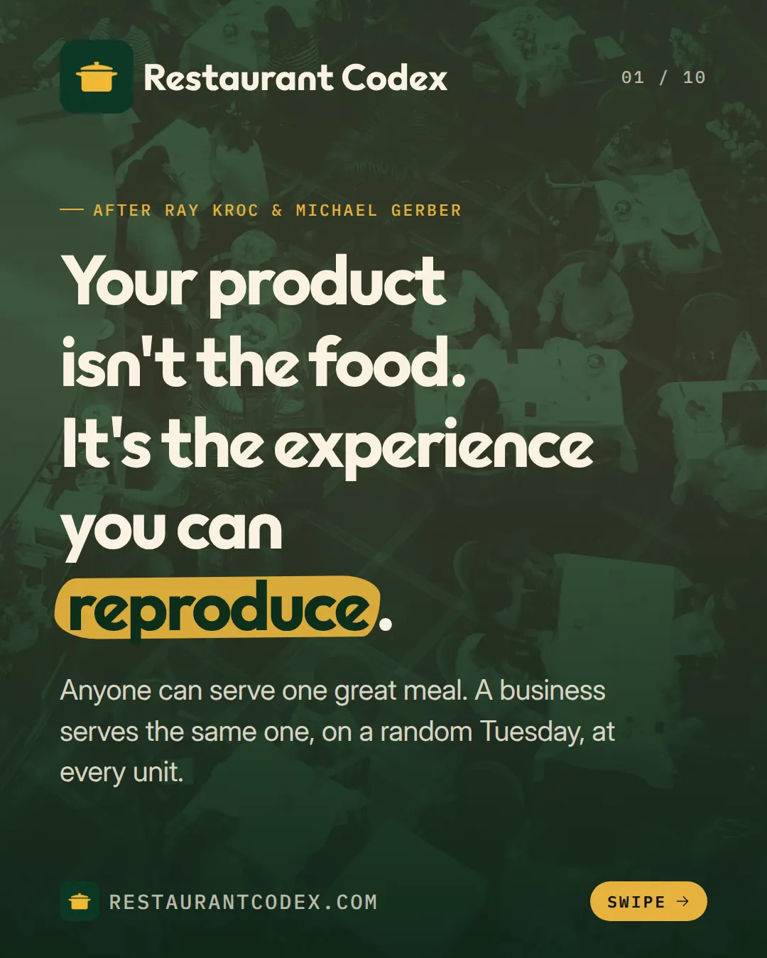 Your product isn't the food. It's the experience you can reproduce.
